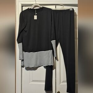2 Piece Outfit Striped Split Long Sleeve Tee Shirt and Pants Set